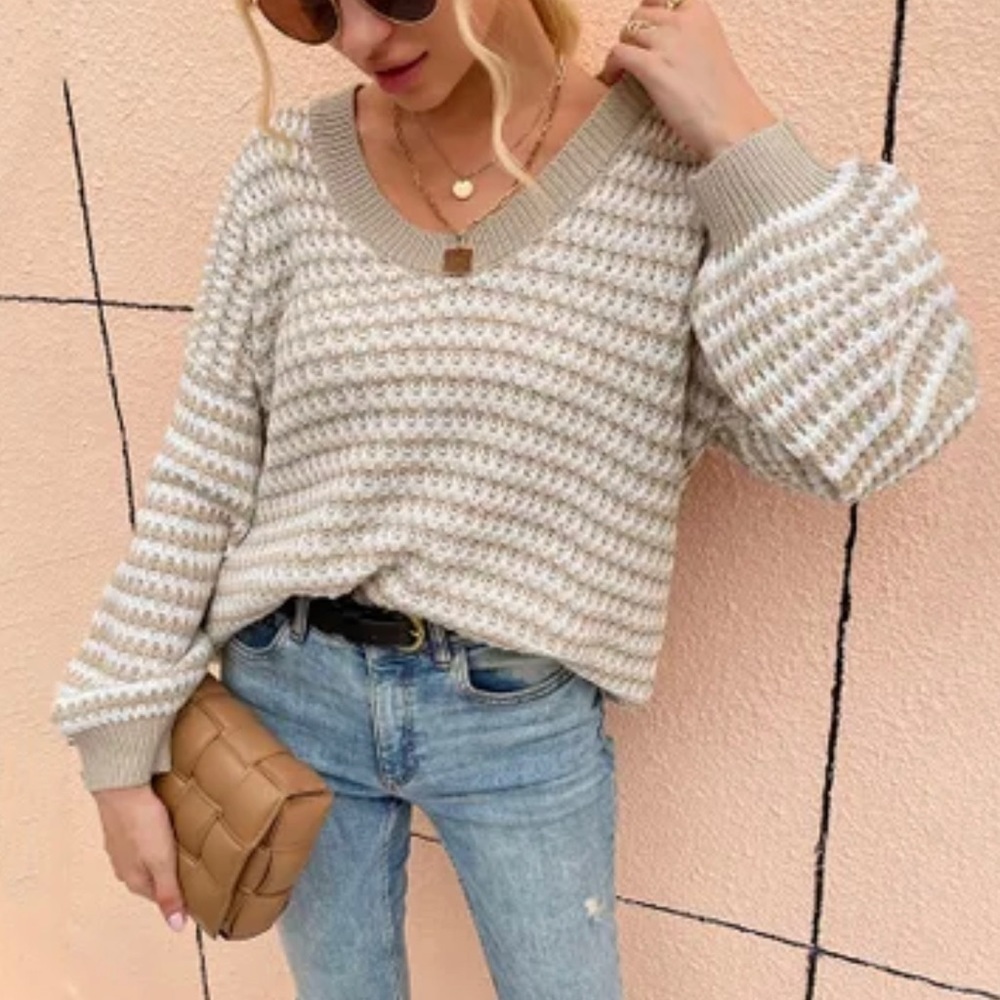 Boutique Gray And White Striped Sweater